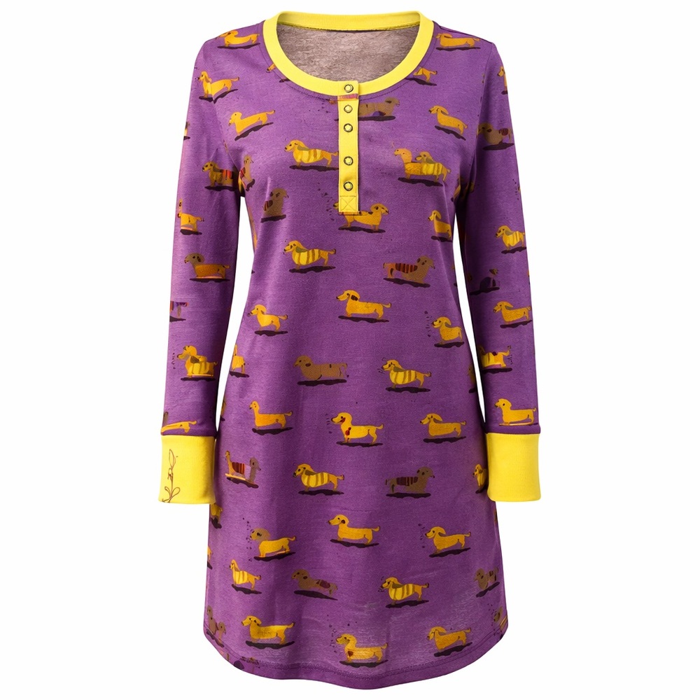 munki munki Purple Pajama Dress with Yellow Dachshund Print - Picture 2 of 5